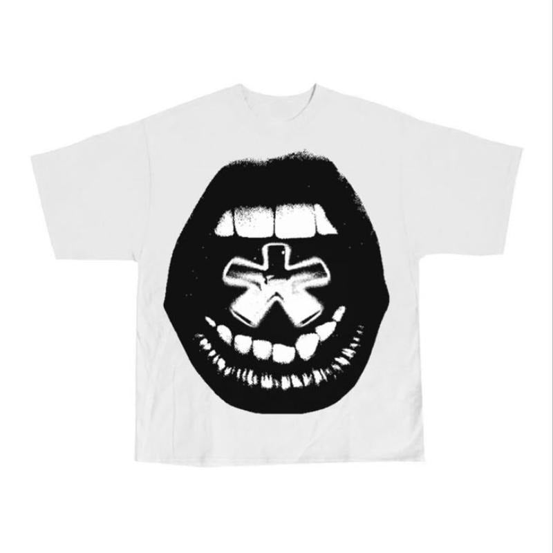 Vintage Y2K Harajuku New Printing Cotton Top Gothic Big Mouth Pattern Street Casual Tide Cotton T-Shirts