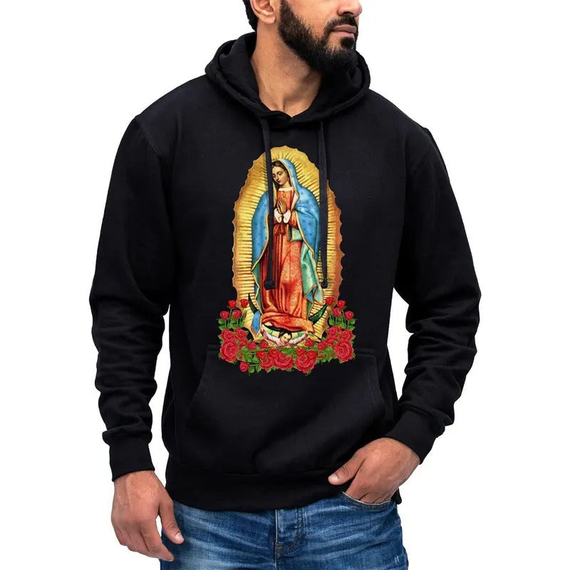 Virgen De Guadalupe Black Cotton Print Hooded Suitable Breathable Fabric Casual T-Shirts