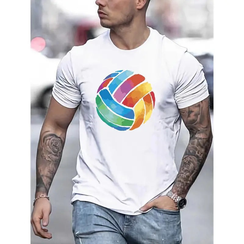 Watercolor Volleyball Illustration Print Cotton Casual Short Sleeve Crew Neck Top Summer Made USA T-Shirts