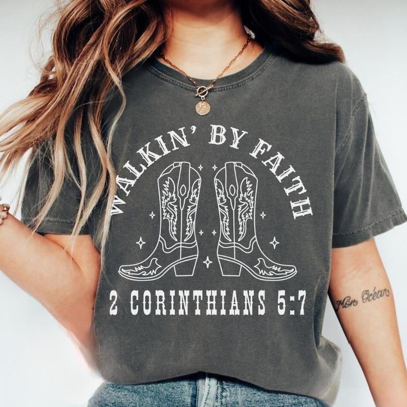 Western Cowgirl Boot Walkin' Faith Christian Shirt Christian Walk Faith Bible Verse Religious Country Girl Shirt T-Shirts
