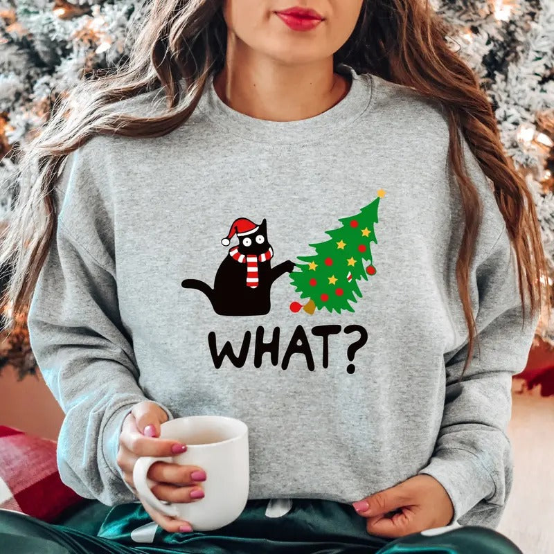 What Cat Funny Black Cat Cat Lover Tree Long Sleeve T-Shirts