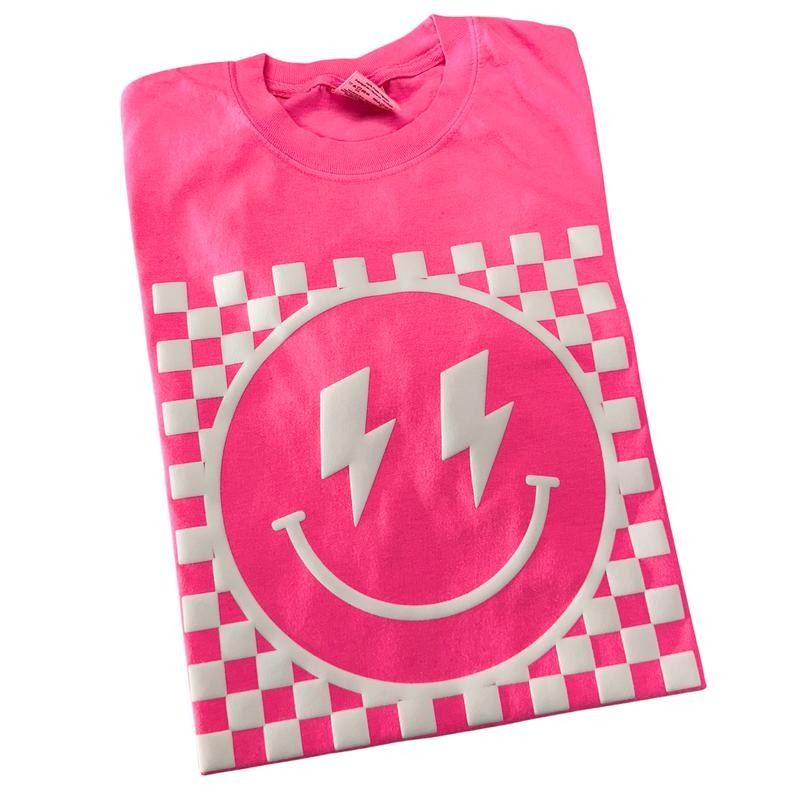 White Puff Checkered Happy Face Comfort Colors T-Shirts