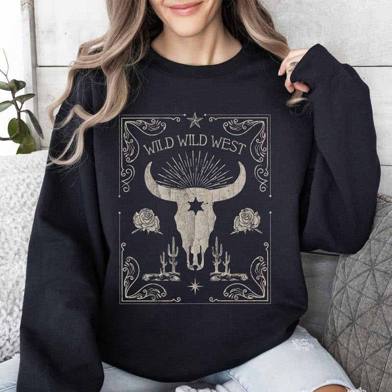 Wild Wild West Cow Skull Rose Western Country T-Shirts
