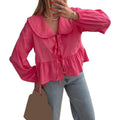 Basic Tie Front Tops Casual Solid Color Doll Collar Long Sleeve Shirt Club Streetwear Clothes Womenswear Blouse T-Shirts