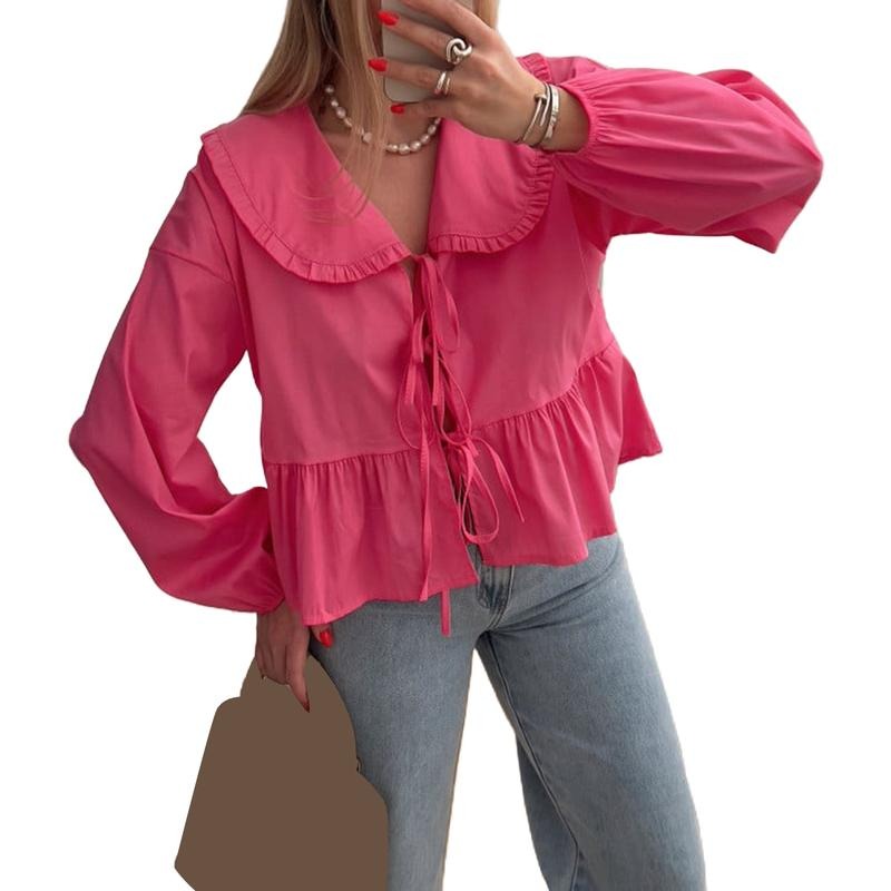 Basic Tie Front Tops Casual Solid Color Doll Collar Long Sleeve Shirt Club Streetwear Clothes Womenswear Blouse T-Shirts