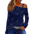 Long Sleeve Heart Print Oblique Shoulder Shirts Spring FallFit Casual Tops T-Shirts