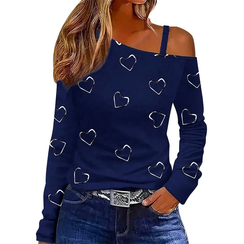 Long Sleeve Heart Print Oblique Shoulder Shirts Spring FallFit Casual Tops T-Shirts