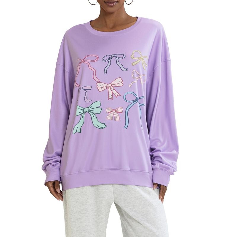Long Sleeve Crew Neck Bowknot Print Casual Tops T-Shirts