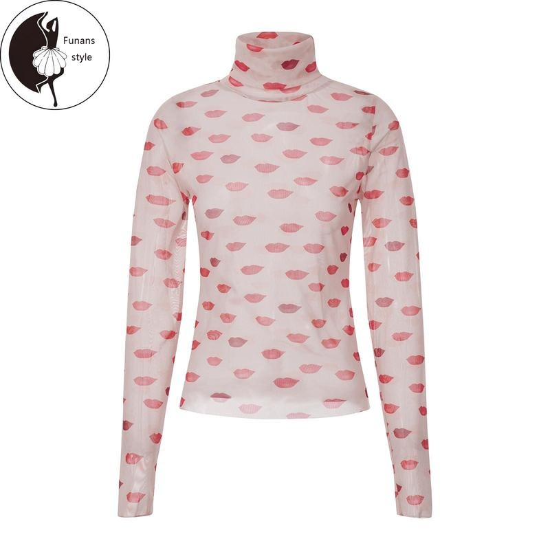 Long Sleeve Plaid Lips Flower Leopard PrintTops T-Shirts