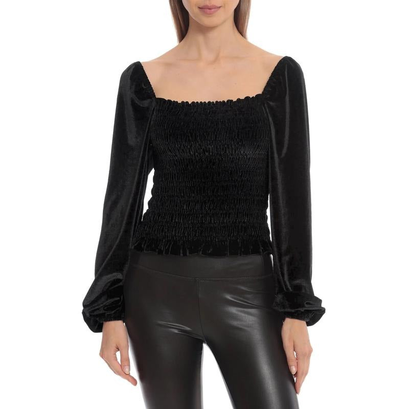 Long Sleeve Square Neck Pleated SolidFit Tops Streetwear T-Shirts