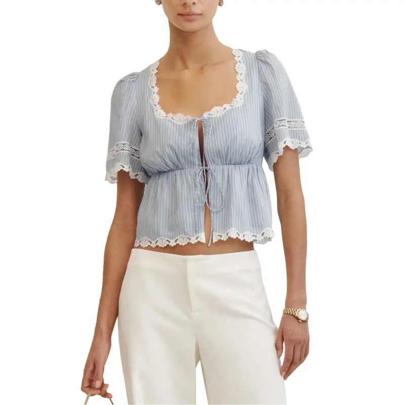 Square Neck Short Sleeve Tie Up Patchwork Summer Tops Streetwear Casual Daily Light Womenswear T-Shirts