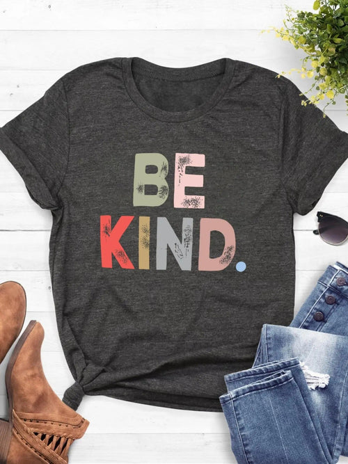 "BE KIND" Letter Print Round Neck Vintage Casual Short Sleeve Daily Summer T-Shirts