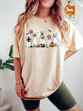 Animal & Pumpkin Print Drop Shoulder Casual Half Sleeve Round Neck Summer Top Daily Halloween T-Shirts
