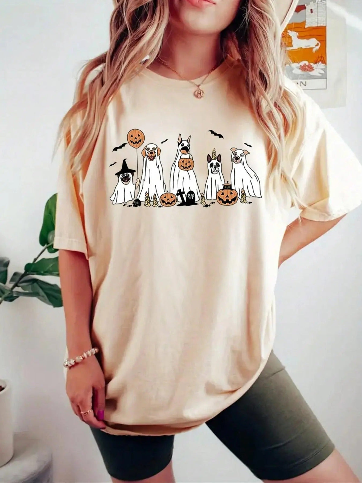Animal & Pumpkin Print Drop Shoulder Casual Half Sleeve Round Neck Summer Top Daily Halloween T-Shirts