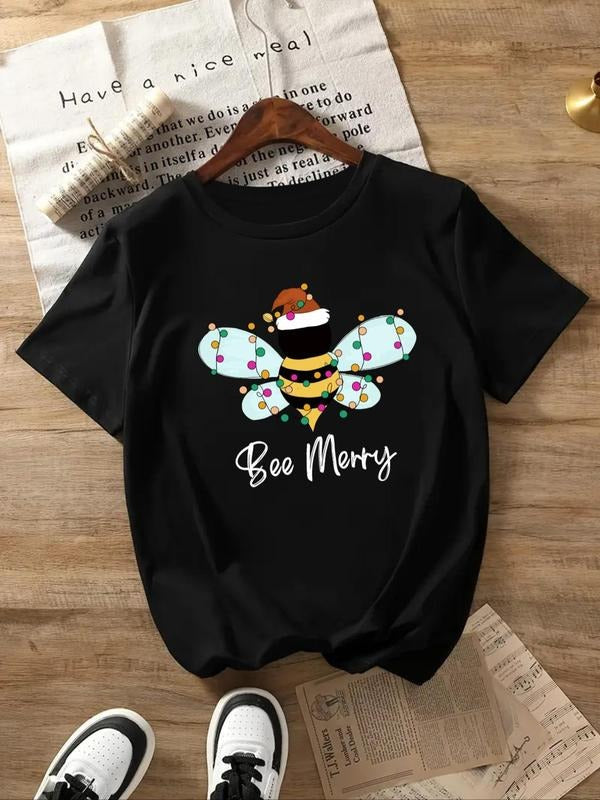 Bee & Letter Print Round Neck Casual Short Sleeve Crew Neck All Seasons Top Daily T-Shirts