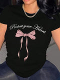 Bowknot & Slogan Round Neck Casual Short Sleeve Daily Summer Clothes T-Shirts