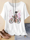 Butterfly & Bicycle Print Drop Shoulder Casual Half Sleeve Round Neck Summer Clothes Daily T-Shirts