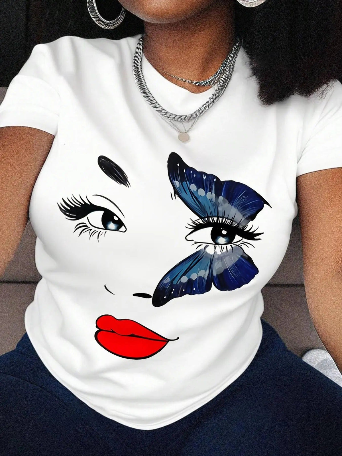Butterfly & Figure Print Round Neck Casual Short Sleeve Daily Vacation Outdoor Clothes Summer T-Shirts