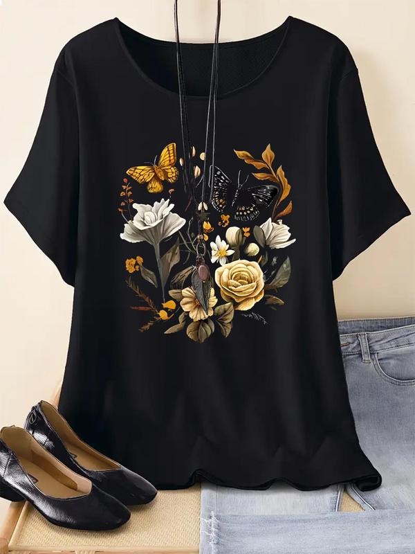 Butterfly & Floral Print Round Neck Casual Short Sleeve Summer Clothes Daily Wearstyle{N002}2 T-Shirts