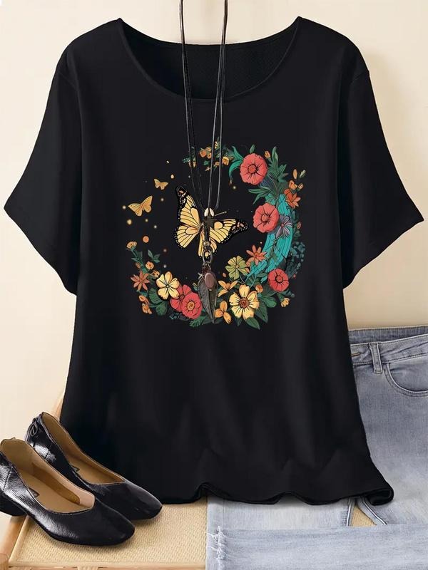 Butterfly & Floral Print Round Neck Casual Short Sleeve Summer Clothes Daily Wearstyle{N002}3 T-Shirts