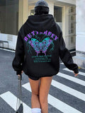 Butterfly & Letter Print Casual Hooded Daily Outdoor Fall & Winter T-Shirts
