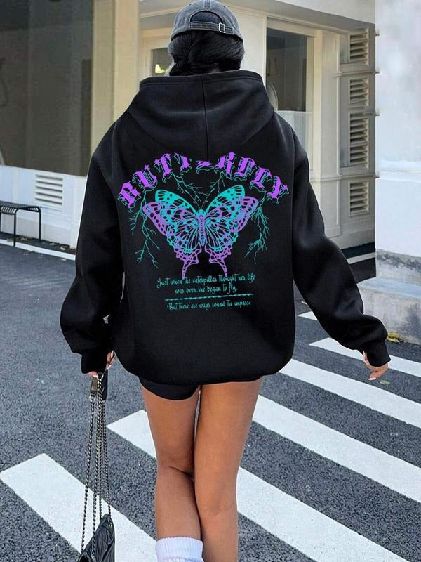 Butterfly & Letter Print Casual Hooded Daily Outdoor Fall & Winter T-Shirts