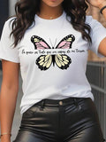 Butterfly & Letter Print Round Neck Vintage Casual Short Sleeve Daily Summer T-Shirts
