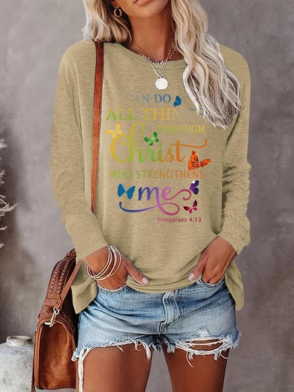 Butterfly & Letter Print Round Neck Casual Long Sleeve Crew Neck Fall & Winter Clothes Daily T-Shirts