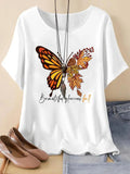 Butterfly & Letter Print Round Neck Casual Short Sleeve Crew Neck Summer Top Daily T-Shirts