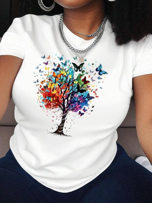 Butterfly & Tree Print Round Neck Short Sleeve Crew Neck Summer Top Daily T-Shirts