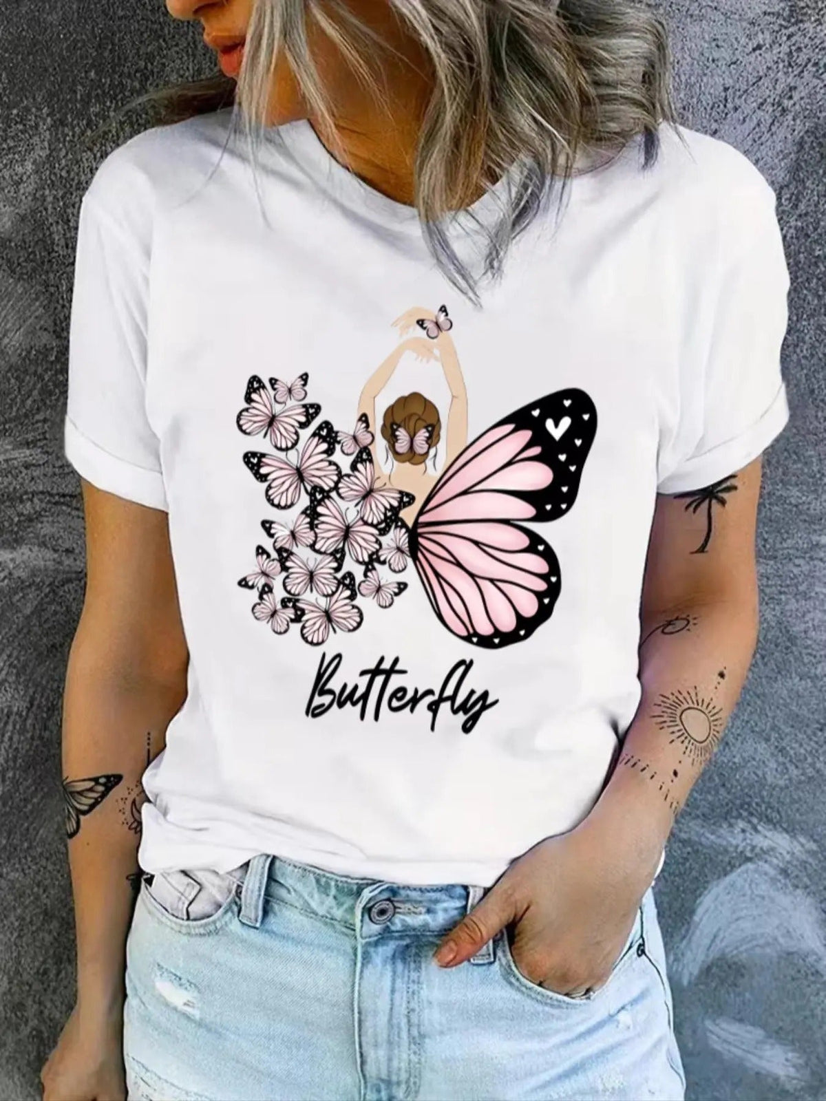 Butterfly Figure Print Round Neck Casual Short Sleeve Letter Summer Clothes Daily T-Shirts