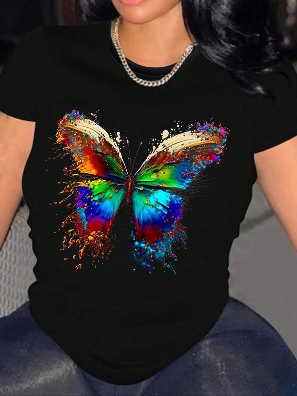 Butterfly Print Round Neck Casual Short Sleeve Daily Vacation Outdoor Clothes All Seasons T-Shirts