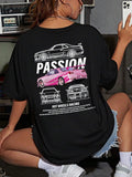 Car & Letter Print Drop Shoulder Casual Half Sleeve Round Neck Daily Clothes All Seasons T-Shirts