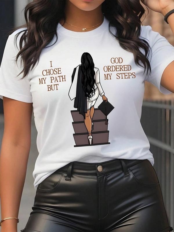 Cartoon & Letter Print Round Neck Casual Short Sleeve Summer Clothes Daily T-Shirts