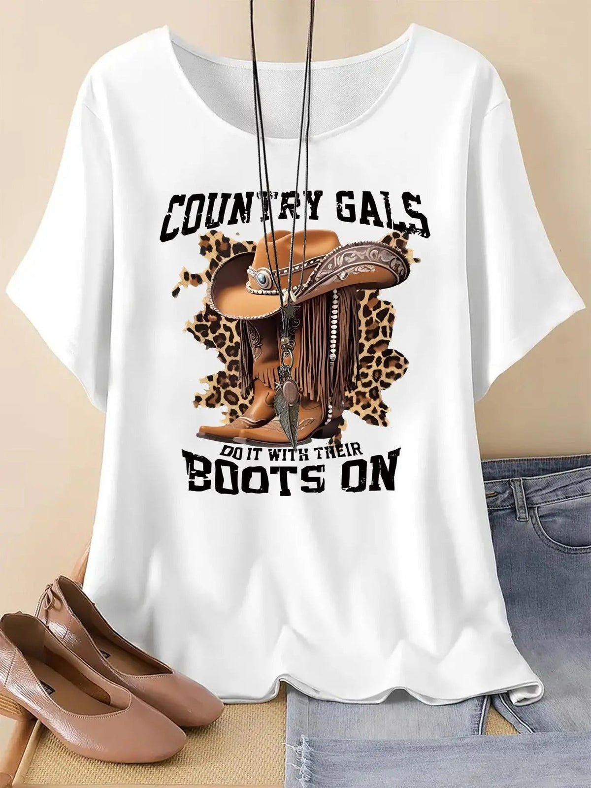 Cartoon Boots Print Round Neck Casual Short Sleeve Summer Clothes Daily T-Shirts