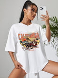 Cartoon Car Print Round Neck Casual Drop Shoulder Short Sleeve Daily Summer Clothes T-Shirts