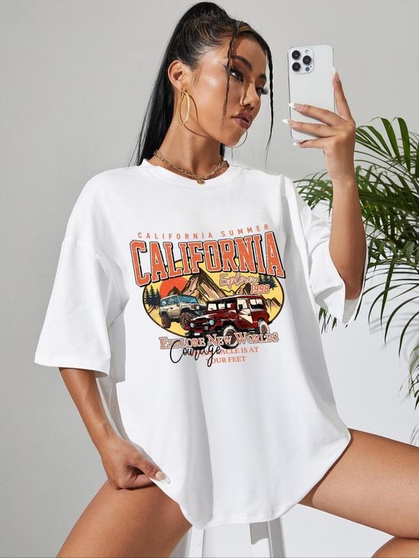 Cartoon Car Print Round Neck Casual Drop Shoulder Short Sleeve Daily Summer Clothes T-Shirts