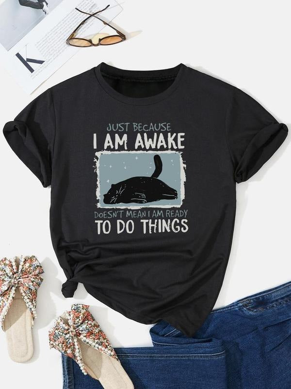 Cartoon Cat & Letter Print Round Neck Casual Short Sleeve Crew Neck Daily Clothes All Seasons T-Shirts