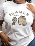 Cartoon Cat & Letter Print Round Neck Casual Crew Neck Daily Vacation Outdoor Clothes All Seasons T-Shirts