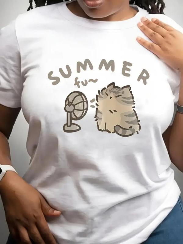 Cartoon Cat & Letter Print Round Neck Casual Crew Neck Daily Vacation Outdoor Clothes All Seasons T-Shirts