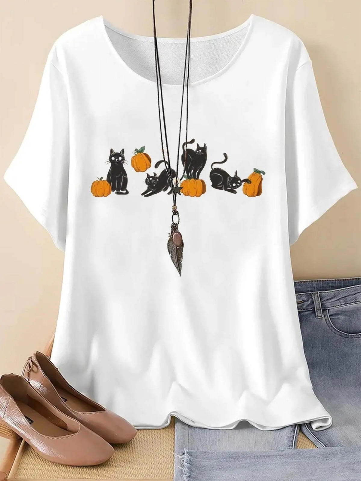 Cartoon Cat Print Round Neck Vintage Casual Drop Shoulder Half Sleeve Daily Summer T-Shirts