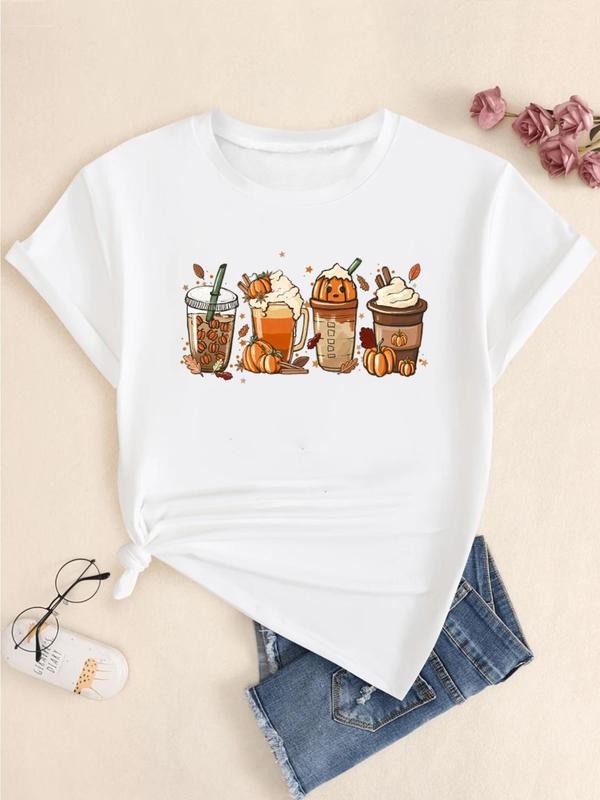 Cartoon Coffee Print Round Neck Casual Crew Neck Daily Vacation Outdoor Clothes Summer T-Shirts