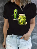 Cartoon Cucumber Print Round Neck Casual Canned Pickle Short Sleeve Daily Outdoor Clothes Summer T-Shirts
