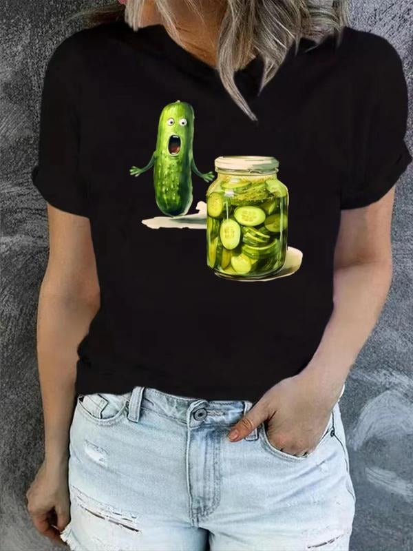 Cartoon Cucumber Print Round Neck Casual Canned Pickle Short Sleeve Daily Outdoor Clothes Summer T-Shirts