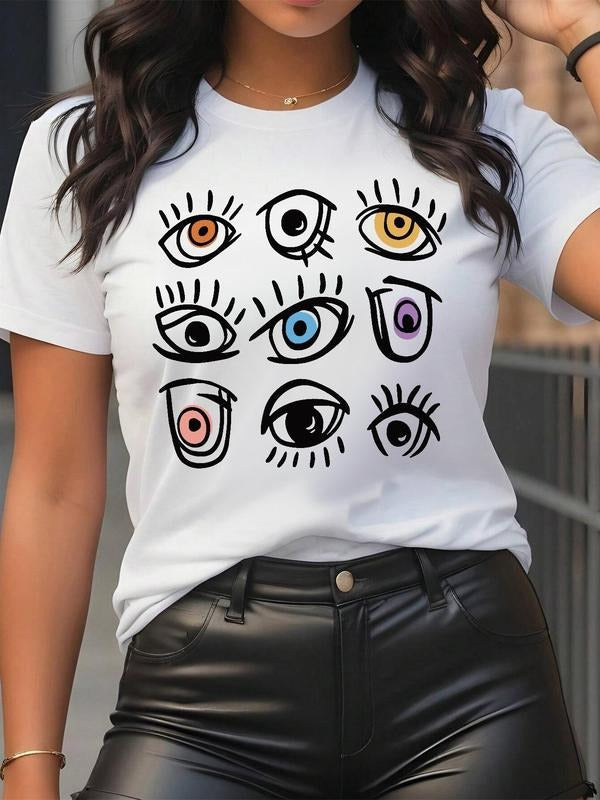 Cartoon Eye Print Round Neck Casual Short Sleeve Daily Clothes All Seasons T-Shirts