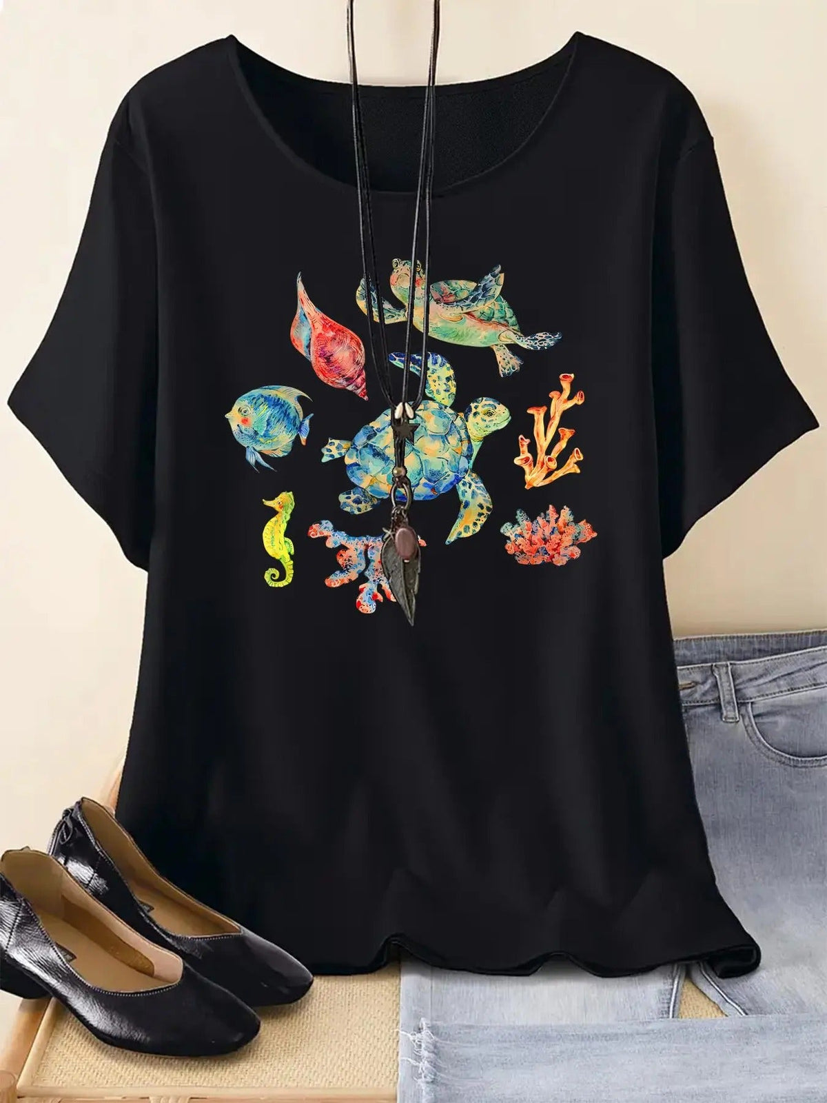Cartoon Fish Print Round Neck Vintage Casual Short Sleeve Daily Summer T-Shirts