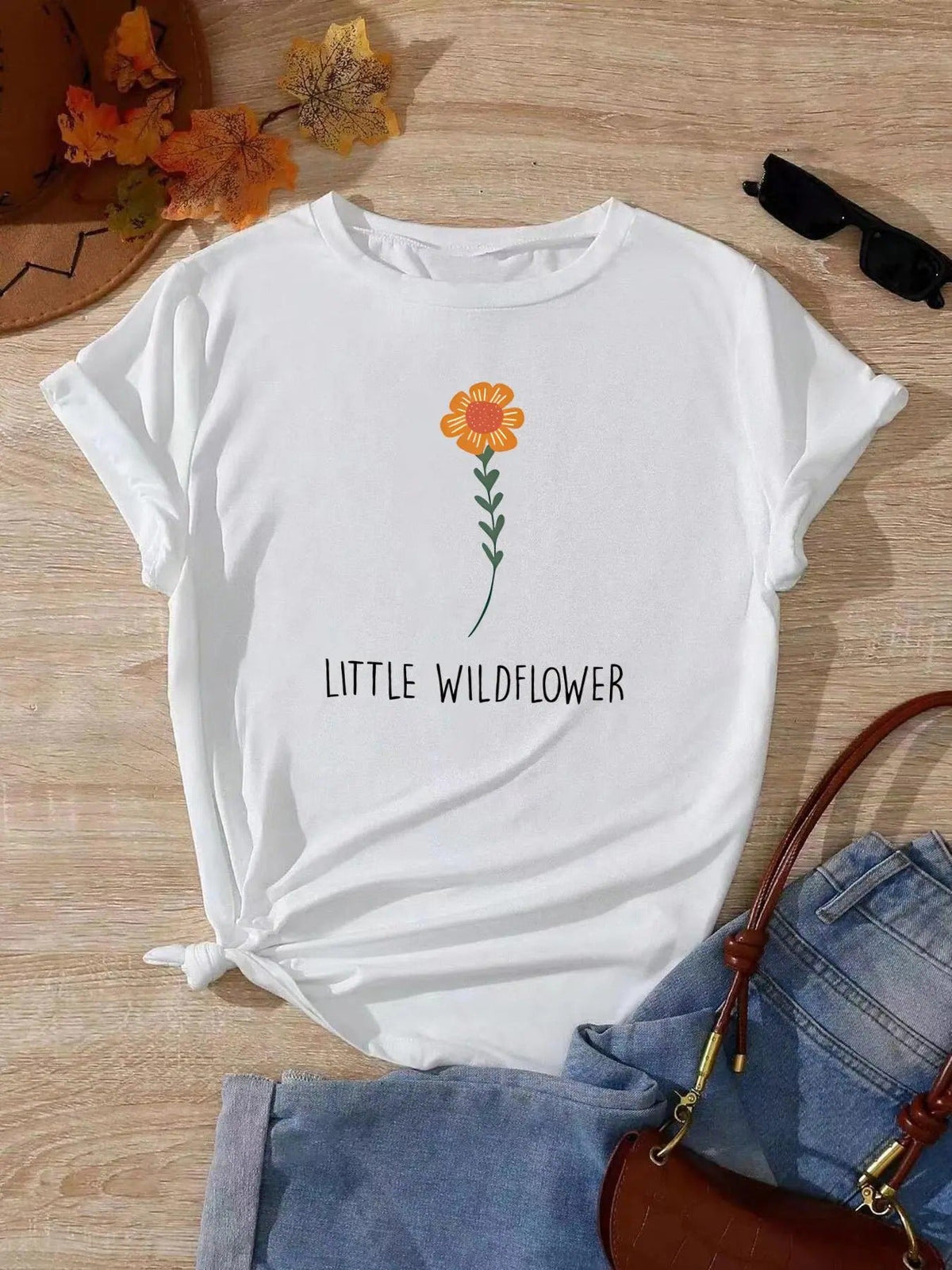 Cartoon Floral Print Round Neck Casual Short Sleeve Summer Clothes Daily T-Shirts