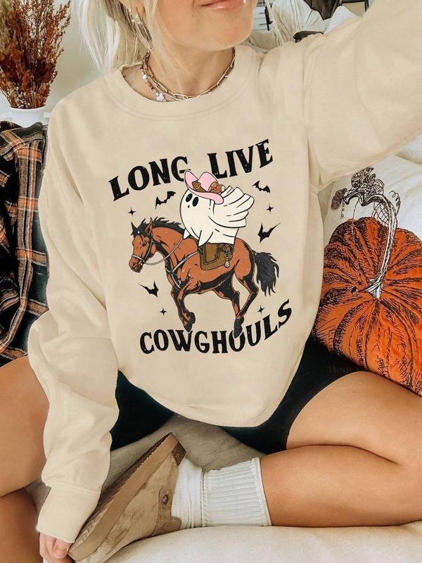 Cartoon Ghost & Horse & Letter Print Drop Shoulder Casual Long Sleeve Round Neck Daily Clothes All Seasons T-Shirts