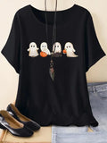 Cartoon Ghost Print Round Neck Cute Drop Shoulder Short Sleeve Summer Top Daily Halloween T-Shirts