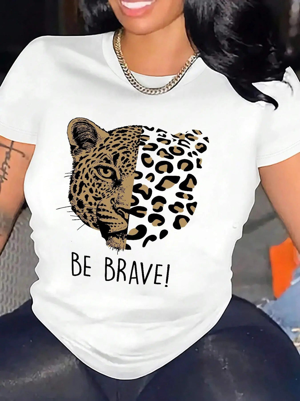 Cartoon Leopard Print Round Neck Casual Short Sleeve Summer Clothes Daily T-Shirts